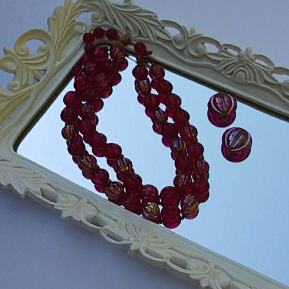 VINTAGE RED IRRADESENT NECKLACE & MATCHING EARRING - Picture 2 of 8